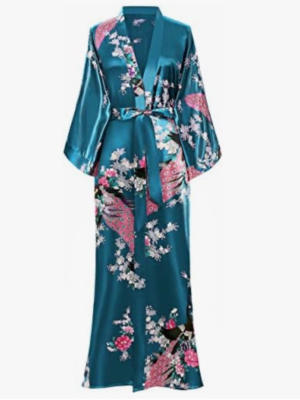 Peacock Kimono Maxi Long Silk Satin Dress Robe Womens S M OS